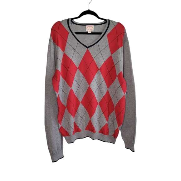 Brooks Brothers Men's Argyle V-Neck Wool Blend Pullover Sweater Size XL Gray Red - Picture 1 of 8